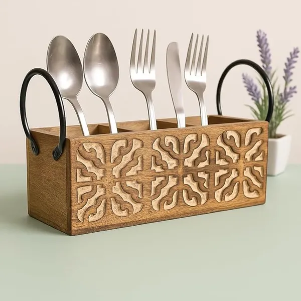 Wood_And_Iron_Rustic_Hand-Carved_Floral_Cutlery_Holder