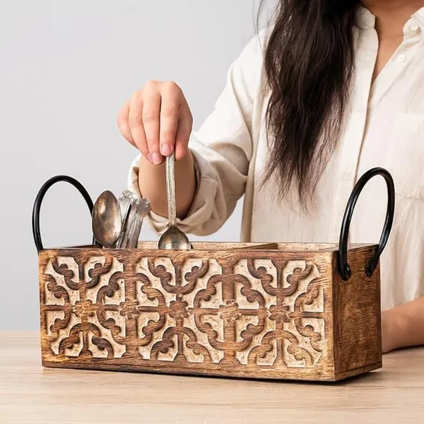 Wood_And_Iron_Rustic_Hand-Carved_Floral_Cutlery_Holder