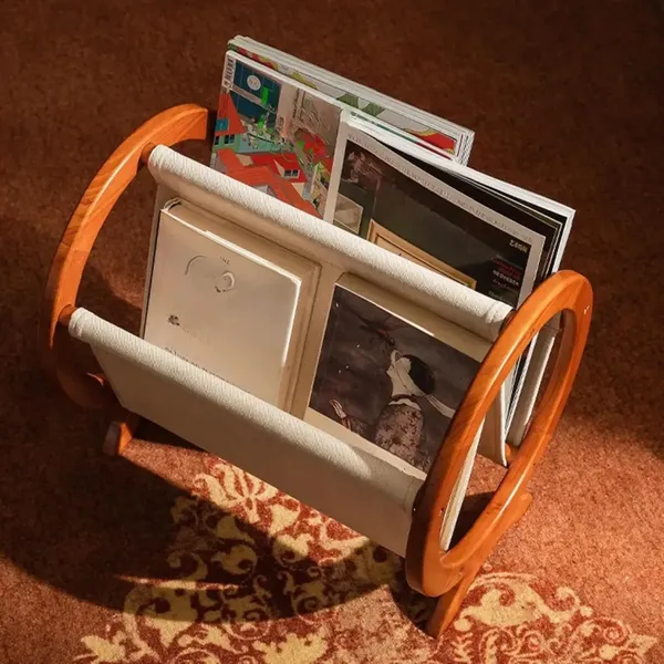 Wood_Fabric_Brown_Round_Book_Stand_With_Storage_Rack