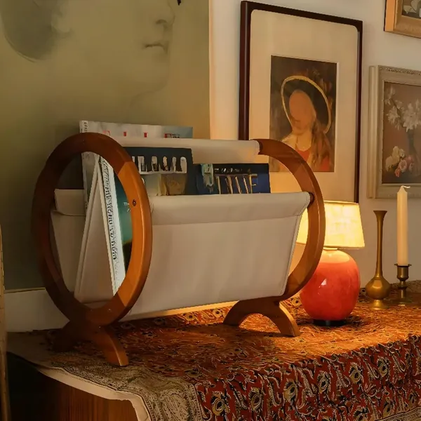 Wood_Fabric_Brown_Round_Book_Stand_With_Storage_Rack