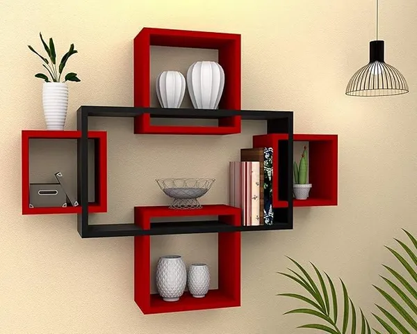 Mdf_Black_Red_Geometric_Intersecting_Wall_Shelves