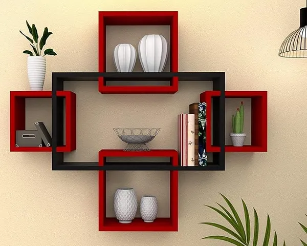 Mdf_Black_Red_Geometric_Intersecting_Wall_Shelves
