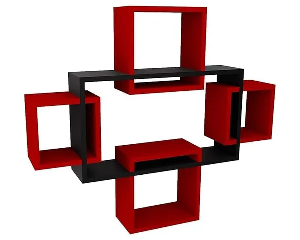 Mdf_Black_Red_Geometric_Intersecting_Wall_Shelves