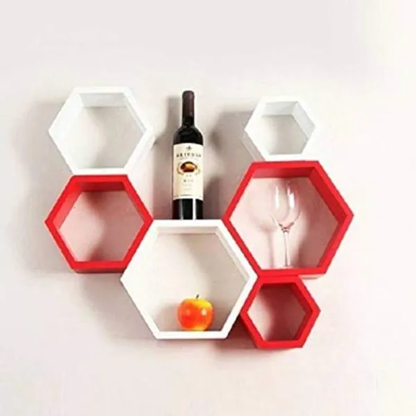 Mdf_Modern_White_Red_Hexagon_Wall_Shelves_Set_Of_6