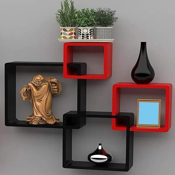 Mdf_Modern_Black_Red_Intersecting_Cube_Wall_Shelves_Set_Of_4