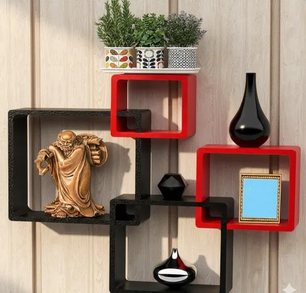 Mdf_Modern_Black_Red_Intersecting_Cube_Wall_Shelves_Set_Of_4