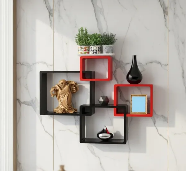 Mdf_Modern_Black_Red_Intersecting_Cube_Wall_Shelves_Set_Of_4