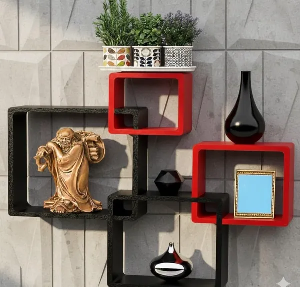 Mdf_Modern_Black_Red_Intersecting_Cube_Wall_Shelves_Set_Of_4
