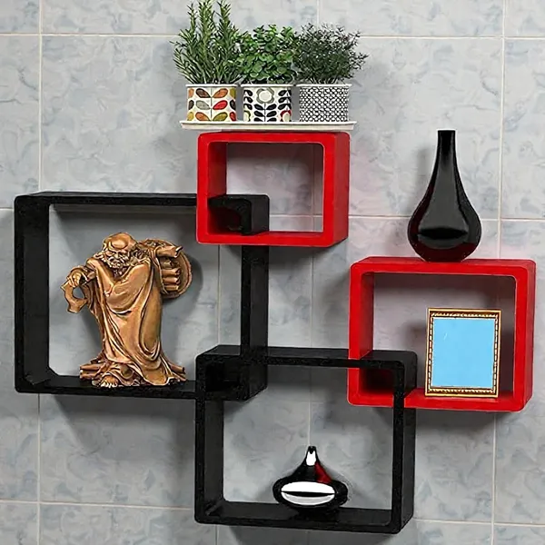 Mdf_Modern_Black_Red_Intersecting_Cube_Wall_Shelves_Set_Of_4