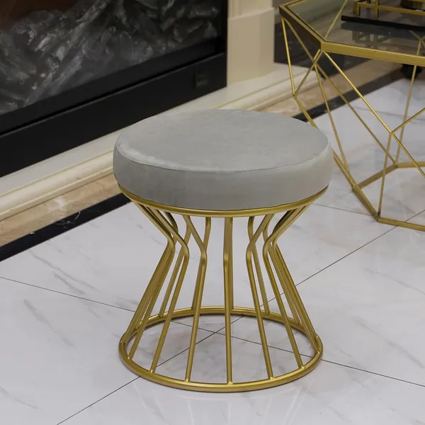 Velvet_Modern_Round_Gray_Ottoman_With_Metal_Base