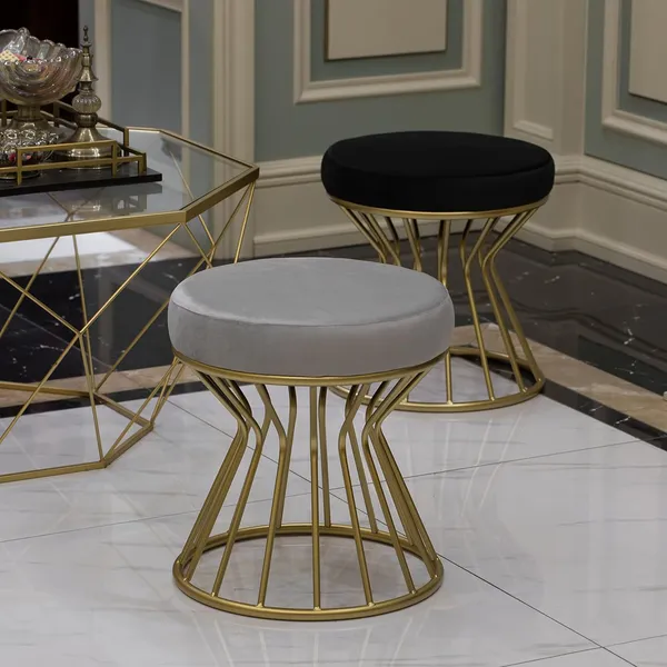 Velvet_Modern_Round_Gray_Ottoman_With_Metal_Base