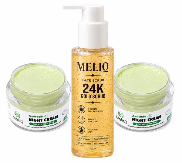 Meliq_Avocado_Night_Brightening_Face_Cream_with_24k_Gold_Scrub_Facewash_For_Dark_Spots_and_Pigmentation_Treatment,_Sulphate-Free_(Night_cream-2_+_facewash-1)