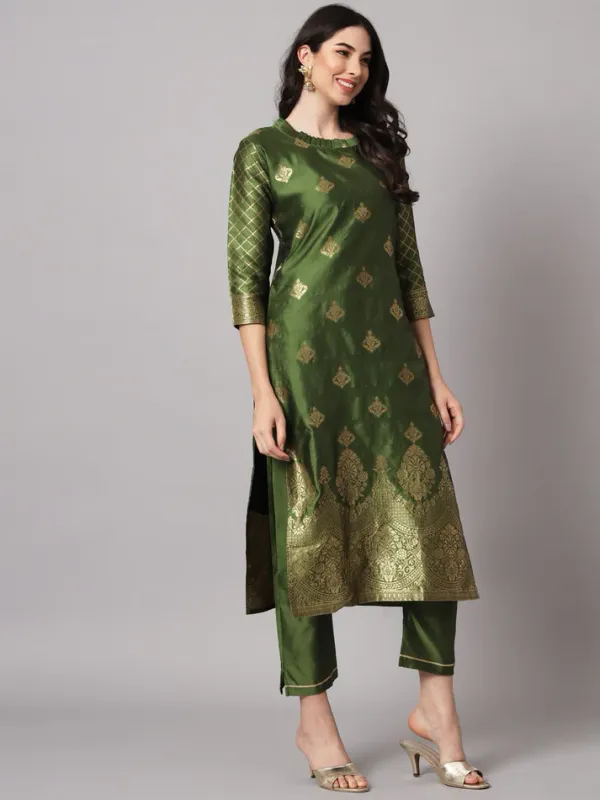 Olive_Green_Cotton_Silk_Kurta_Pant_Set_With_Banarasi_Dupatta_For_Women