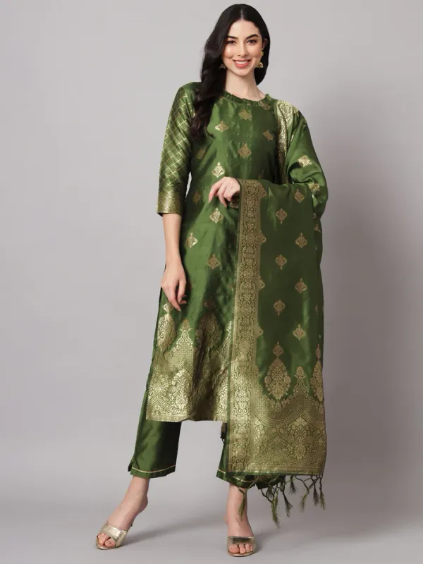 Olive_Green_Cotton_Silk_Kurta_Pant_Set_With_Banarasi_Dupatta_For_Women