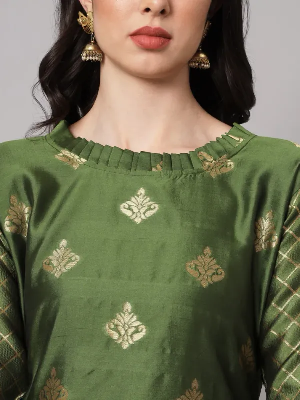 Olive_Green_Cotton_Silk_Kurta_Pant_Set_With_Banarasi_Dupatta_For_Women
