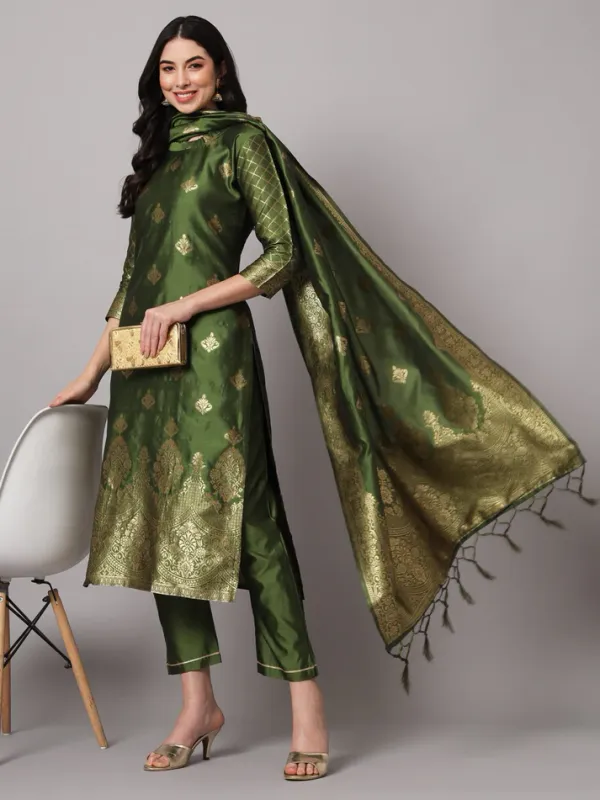 Olive_Green_Cotton_Silk_Kurta_Pant_Set_With_Banarasi_Dupatta_For_Women