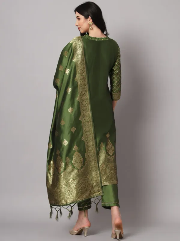 Olive_Green_Cotton_Silk_Kurta_Pant_Set_With_Banarasi_Dupatta_For_Women