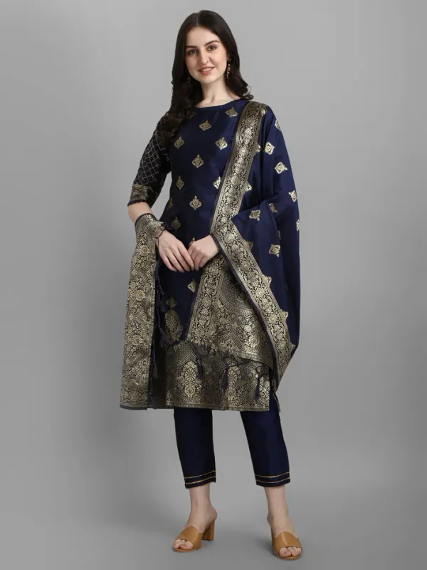 Blue_Cotton_Silk_Kurta_Pant_Set_With_Banarasi_Dupatta_For_Women