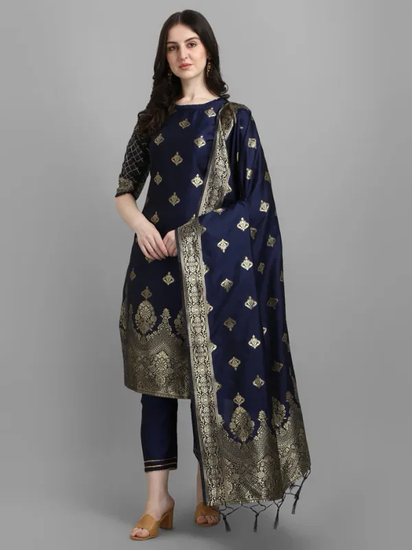 Blue_Cotton_Silk_Kurta_Pant_Set_With_Banarasi_Dupatta_For_Women