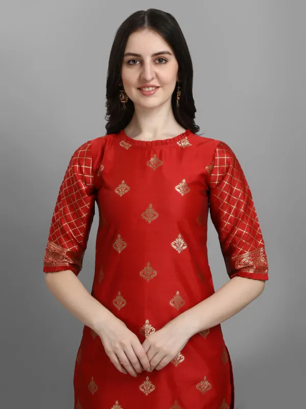 Red_Cotton_Silk_Kurta_Pant_Set_With_Banarasi_Dupatta_For_Women