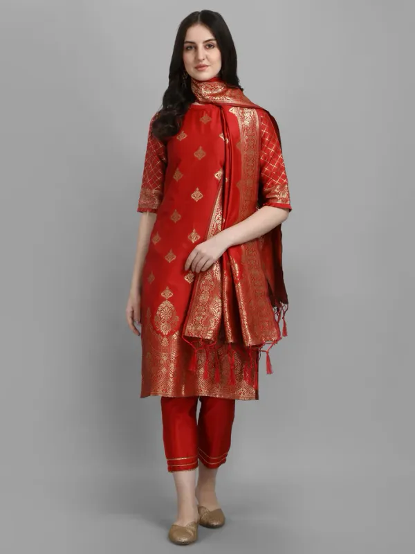 Red_Cotton_Silk_Kurta_Pant_Set_With_Banarasi_Dupatta_For_Women