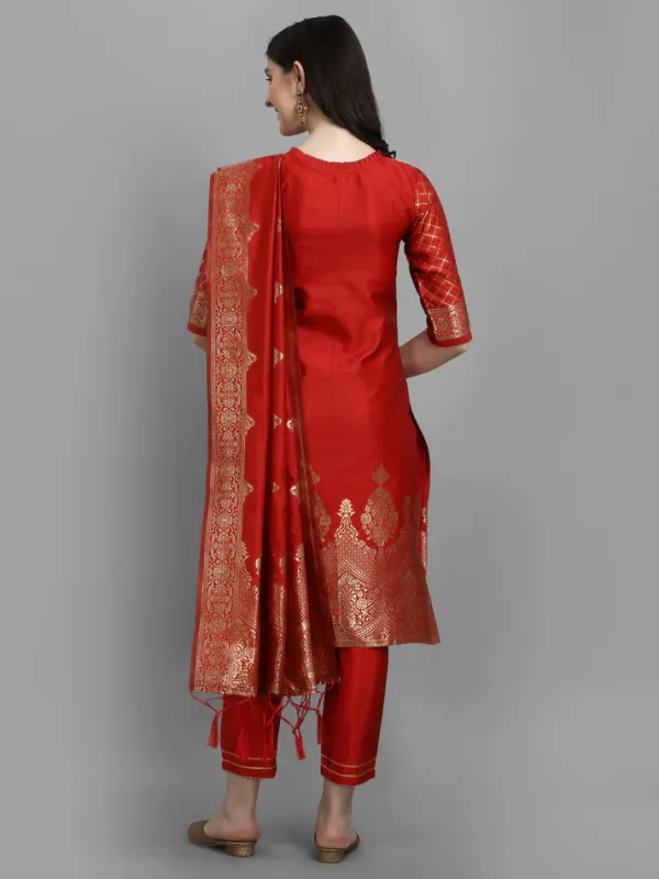 Red_Cotton_Silk_Kurta_Pant_Set_With_Banarasi_Dupatta_For_Women