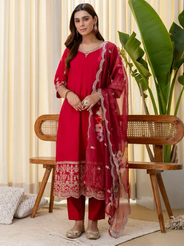 Red_Silk_A_Line_Embroidered_Kurta_Pant_Set_With_Organza_Dupatta_For_Women