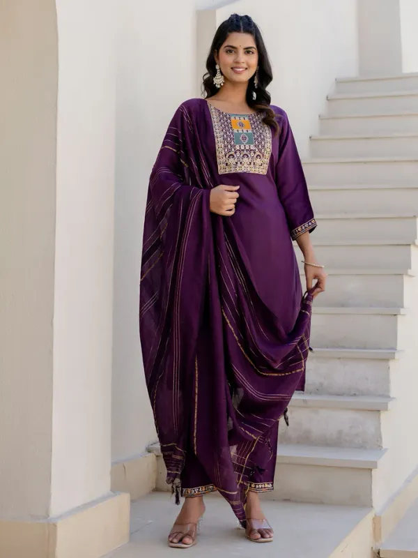 Wine_Cotton_Straight_Kurta_Pant_Set_With_Chanderi_Dupatta_For_Women