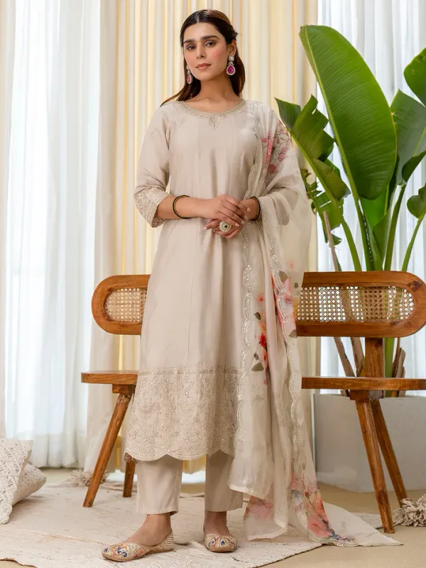 Beige_Silk_A_Line_Embroidered_Kurta_Pant_Set_With_Organza_Dupatta_For_Women