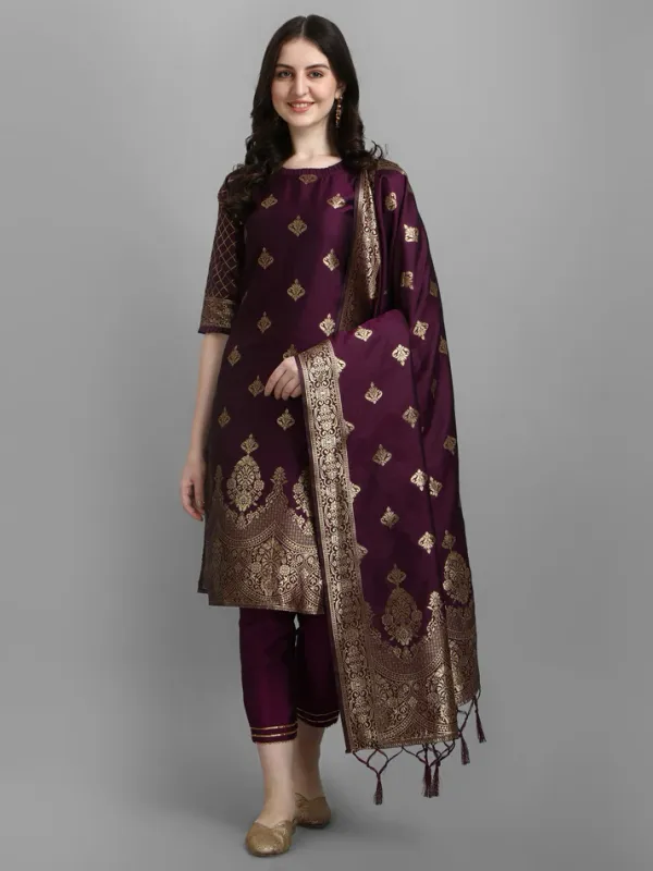 Purple_Cotton_Silk_Kurta_Pant_Set_With_Banarasi_Silk_Dupatta_For_Women