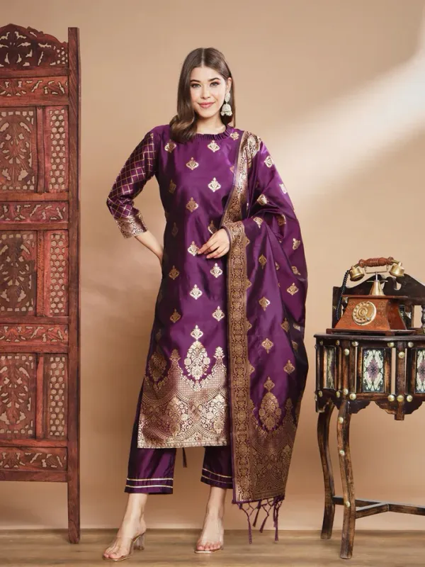 Purple_Cotton_Silk_Kurta_Pant_Set_With_Banarasi_Silk_Dupatta_For_Women