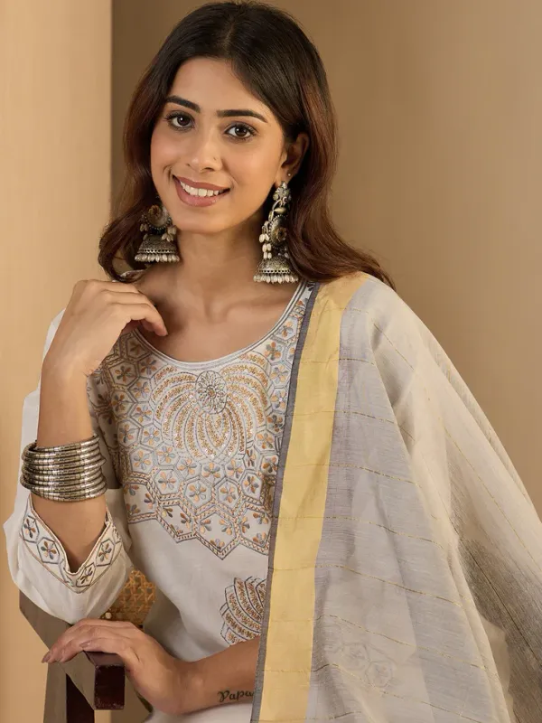 White_Cotton_Embroidered_Kurta_Pant_Set_With_Chanderi_Dupatta_For_Women
