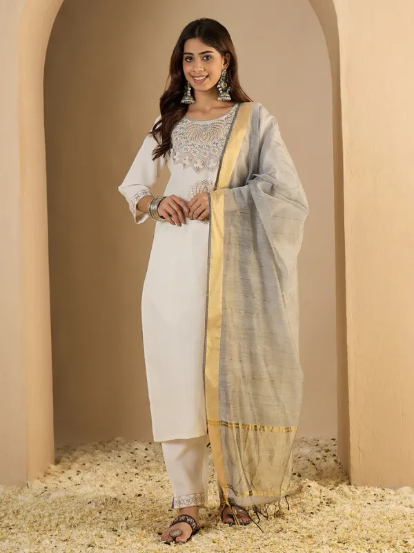 White_Cotton_Embroidered_Kurta_Pant_Set_With_Chanderi_Dupatta_For_Women