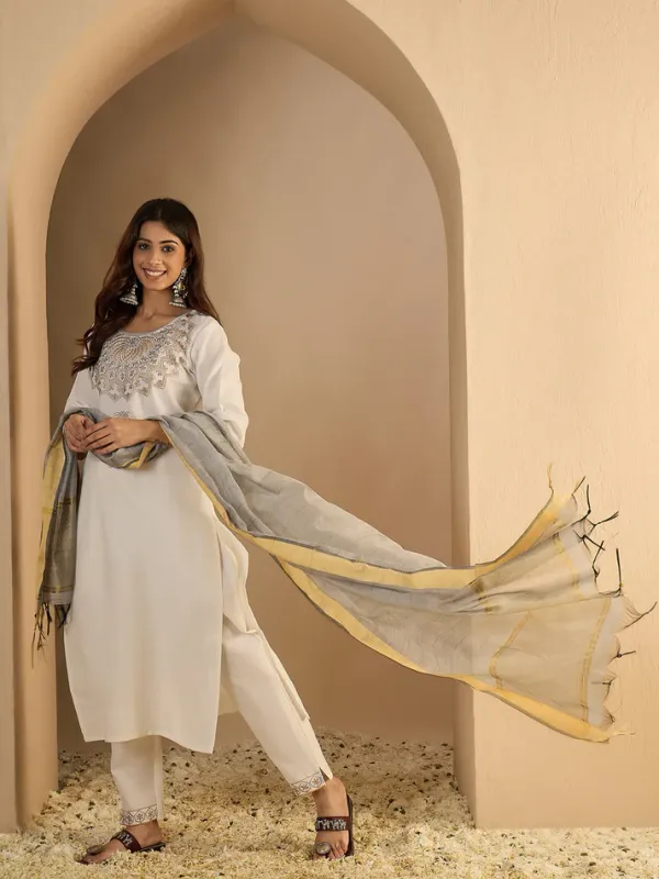 White_Cotton_Embroidered_Kurta_Pant_Set_With_Chanderi_Dupatta_For_Women