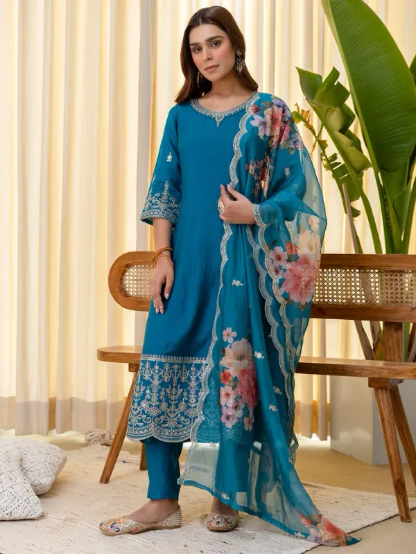 Teal_Blue_Silk_A_Line_Embroidered_Kurta_Pant_Set_With_Organza_Dupatta_For_Women