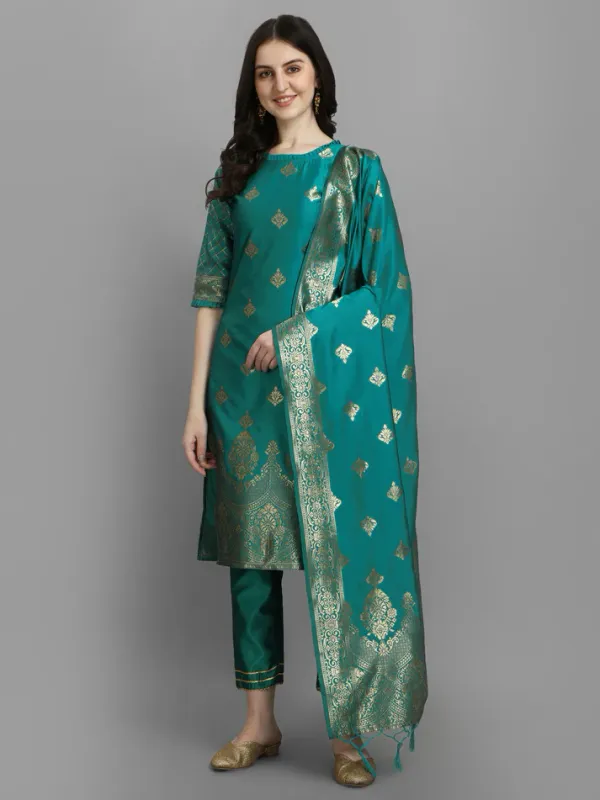 Blue_Cotton_Silk_Kurta_Pant_Set_With_Banarasi_Silk_Dupatta_For_Women