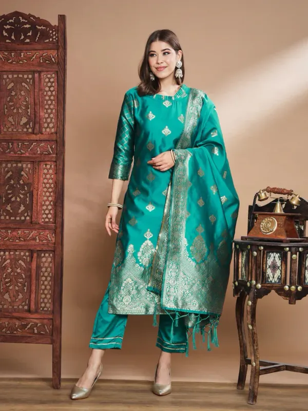 Blue_Cotton_Silk_Kurta_Pant_Set_With_Banarasi_Silk_Dupatta_For_Women