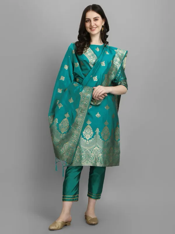 Blue_Cotton_Silk_Kurta_Pant_Set_With_Banarasi_Silk_Dupatta_For_Women