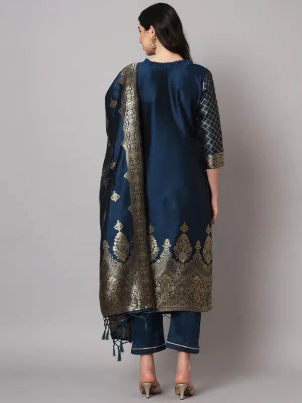 Navy_Blue_Cotton_Silk_Kurta_Pant_Set_With_Banarasi_Dupatta_For_Women