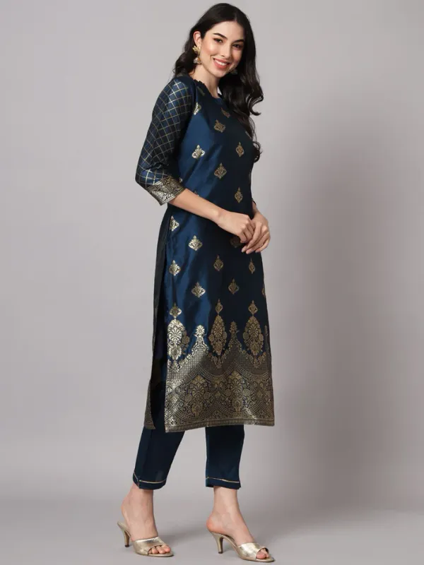 Navy_Blue_Cotton_Silk_Kurta_Pant_Set_With_Banarasi_Dupatta_For_Women