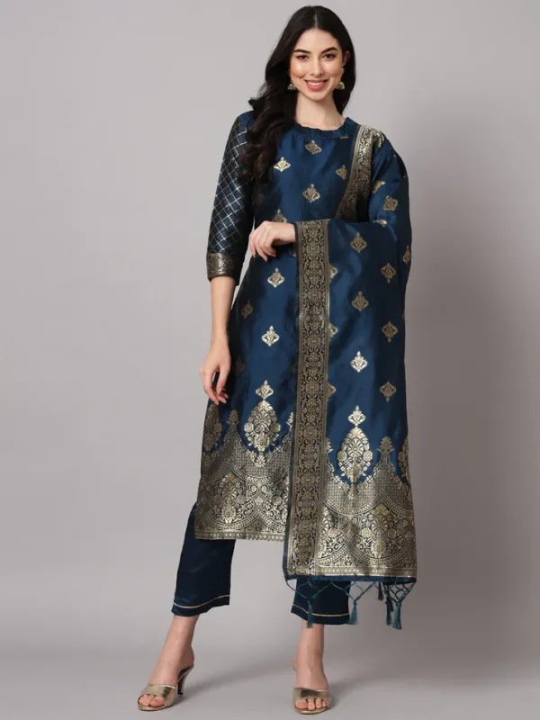 Navy_Blue_Cotton_Silk_Kurta_Pant_Set_With_Banarasi_Dupatta_For_Women