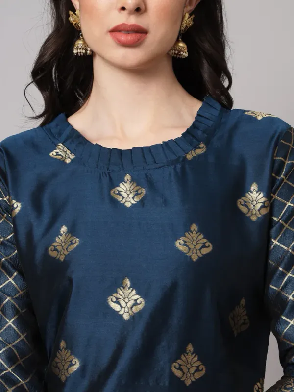 Navy_Blue_Cotton_Silk_Kurta_Pant_Set_With_Banarasi_Dupatta_For_Women