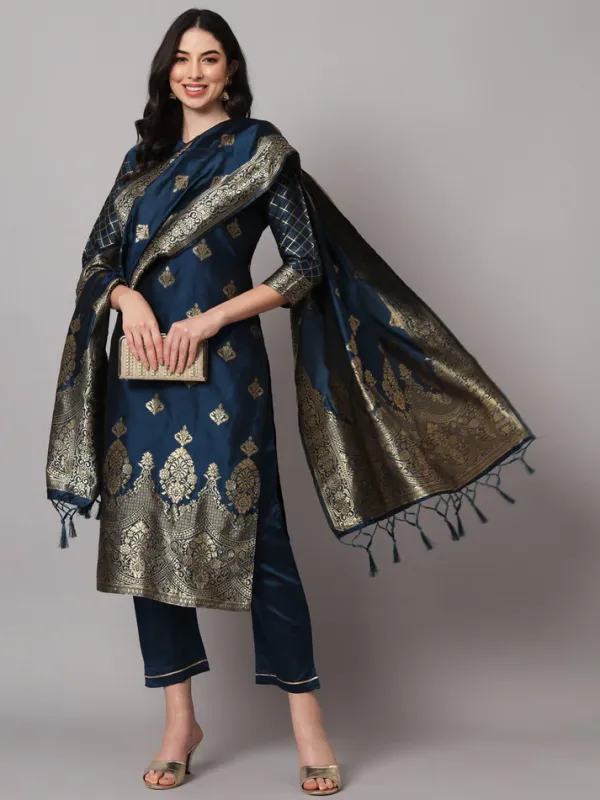 Navy_Blue_Cotton_Silk_Kurta_Pant_Set_With_Banarasi_Dupatta_For_Women