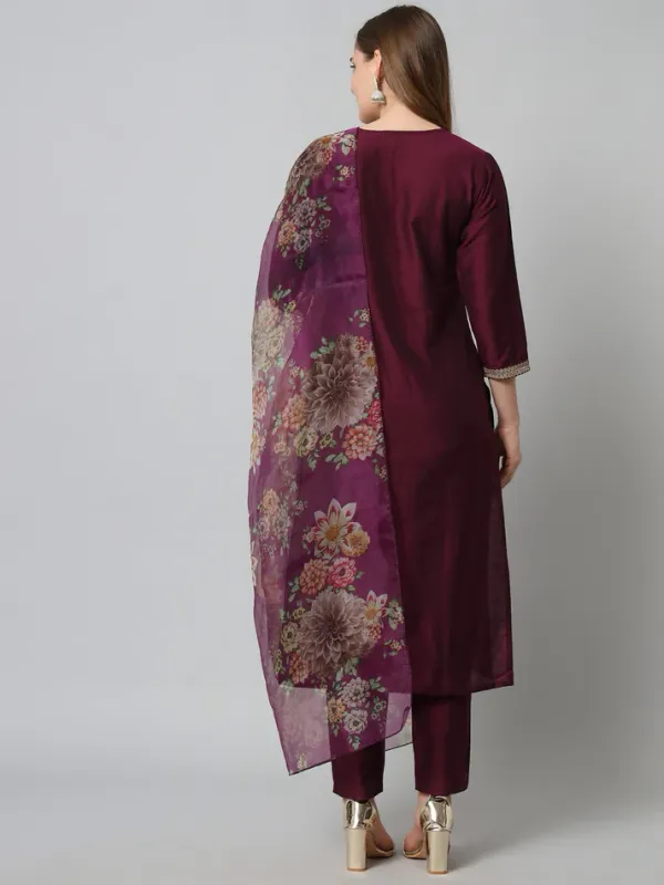 Maroon_Silk_Kurta_Trouser_Set_With_Organza_Dupatta_For_Women