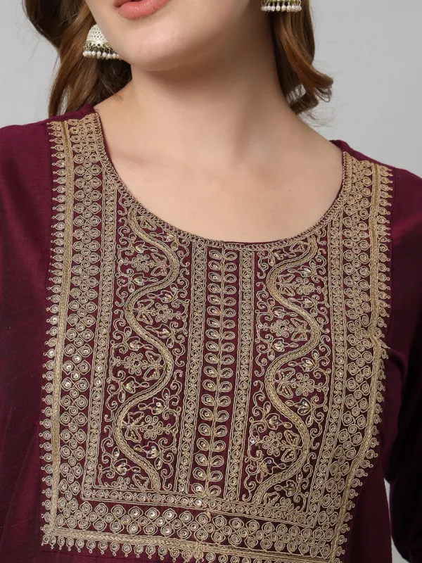 Maroon_Silk_Kurta_Trouser_Set_With_Organza_Dupatta_For_Women