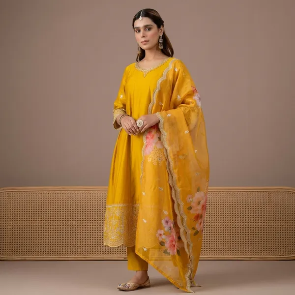 Mustard_Silk_A_Line_Embroidered_Kurta_Pant_Set_With_Organza_Dupatta_For_Women