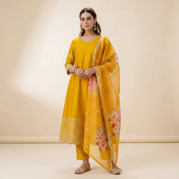 Mustard_Silk_A_Line_Embroidered_Kurta_Pant_Set_With_Organza_Dupatta_For_Women