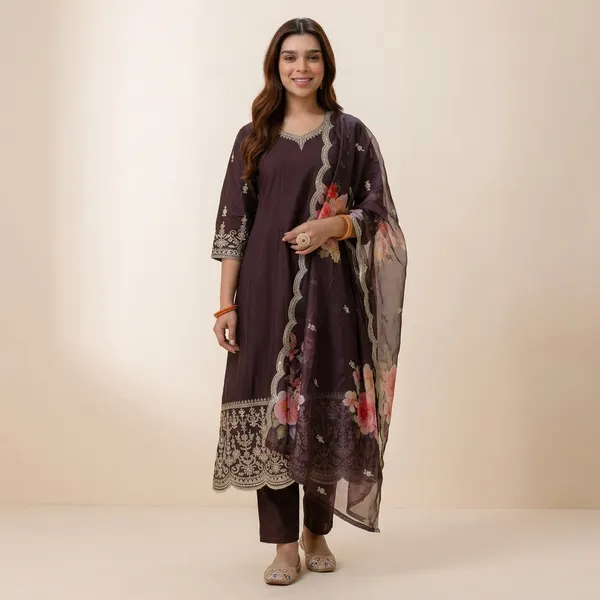 Wine_Silk_A_Line_Embroidered_Kurta_Pant_Set_With_Organza_Dupatta_For_Women