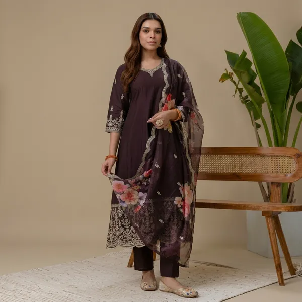 Wine_Silk_A_Line_Embroidered_Kurta_Pant_Set_With_Organza_Dupatta_For_Women