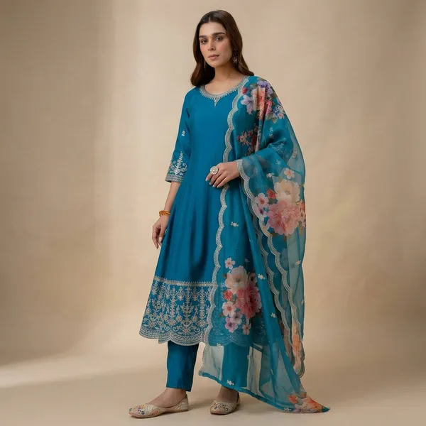 Teal_Blue_Silk_A_Line_Embroidered_Kurta_Pant_Set_With_Organza_Dupatta_For_Women